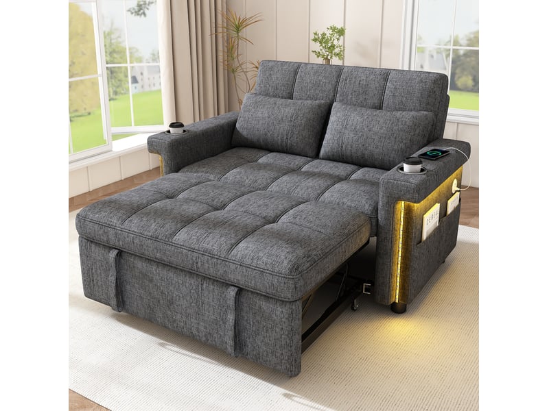  Canapé convertible 2 places modenvie avec éclairage led, ports usb et type-c, dossier réglable, tissu chenille gris, 145 x 141,5 x 90 cm  - Conforama B