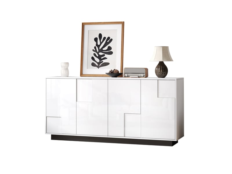  Buffet 160x37x75,5 cm, 4 portes géométriques laquées, grand rangement, panneau de particules, blanc et noir, moderne  - Conforama A