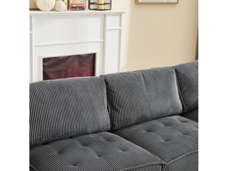  Canapé d'angle modulable 6 places en velours côtelé gris, convertible en couchage, avec poches latérales  - Conforama D