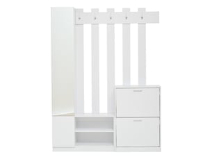 Vestiaire d'entrée avec miroir, meuble à chaussures et 5 patères blanc 135x25x180 cm