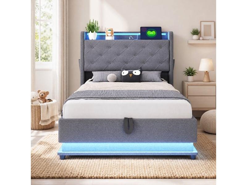  Lit coffre simple 90×200 cm en tissu gris avec led, 3 usb, type-c et rangements, matelas non précisé  - Conforama B