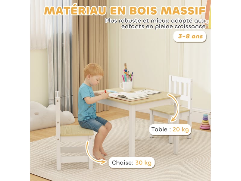  Table enfant avec chaise, lot table et 2 chaises enfant en bois pour dessiner, jouer, étudier, bois naturel, 56x52x48cm  - Conforama R