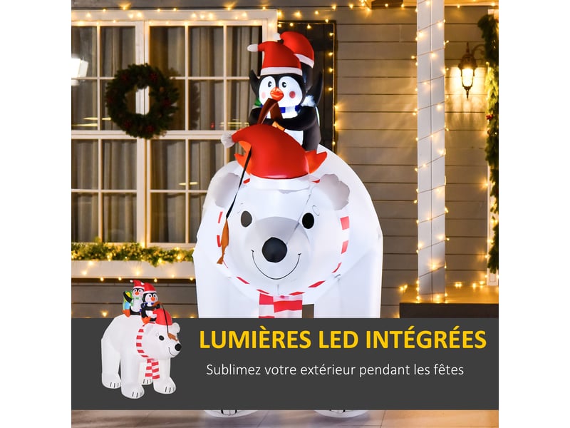  Ours polaire gonflable de noël avec lumières led 206cm décoration gonflable de noël imperméable avec 2 pingouins  - Conforama D