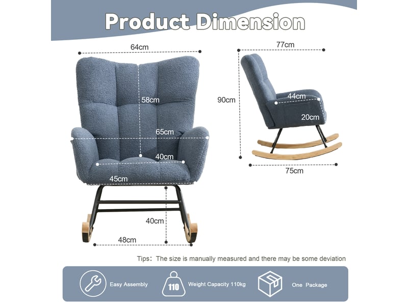  Fauteuil à bascule ergonomique avec dossier à oreilles et accoudoirs, assise rembourrée en tissu teddy bleu marine  - Conforama D