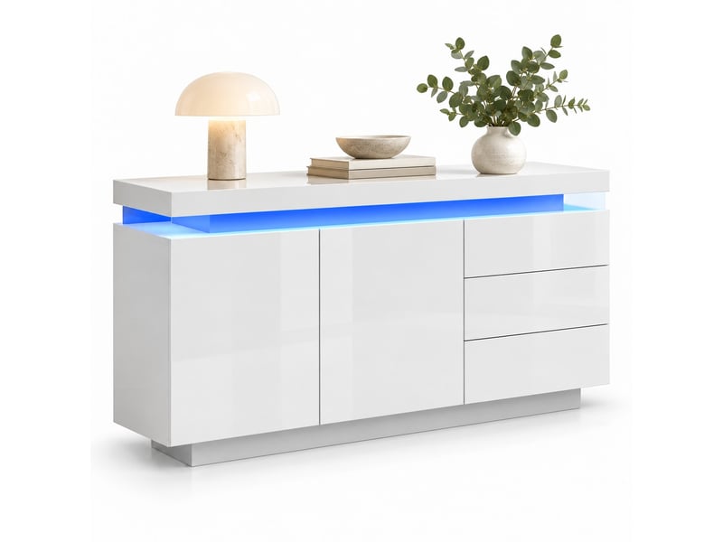  Buffet 140x35x72,5 cm avec led rgb, 2 portes, 3 tiroirs, commande app, haute brillance, blanc  - Conforama A