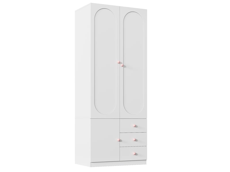  Armoire 2 portes 160 x 50 x 200 cm – blanche – ensemble 2 éléments, 3 tiroirs, penderie, poignées roses  - Conforama A