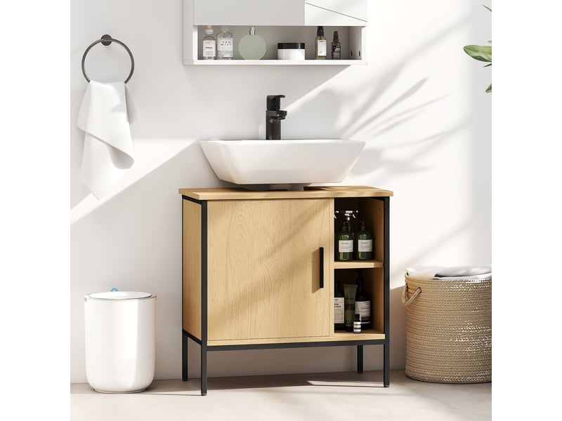 Meuble sous lavabo 60 cm effet chêne, découpe en u, porte et étagère réglable  - Conforama D