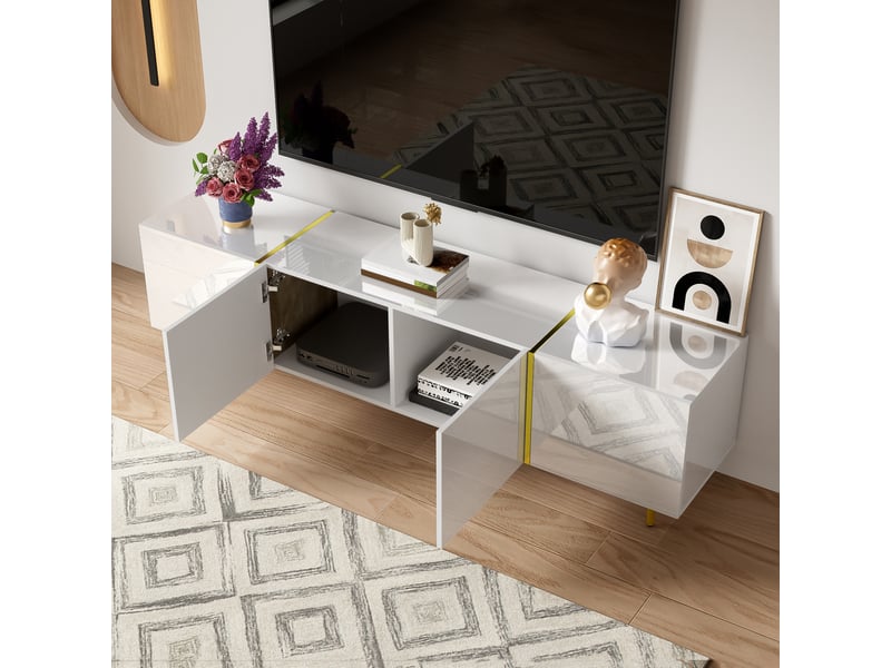  Meuble tv blanc laqué 170 cm avec 4 portes, meuble tv moderne en mdf avec détails dorés pour salon  - Conforama R
