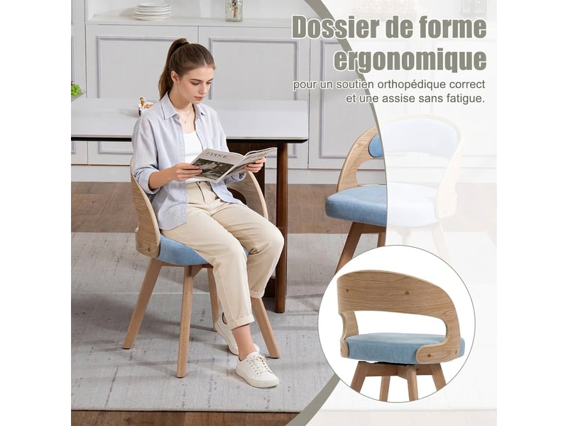  Lot de 2 chaises de salle à manger pivotante en lin bleu, pieds en bois massif, 41x44x72cm  - Conforama E