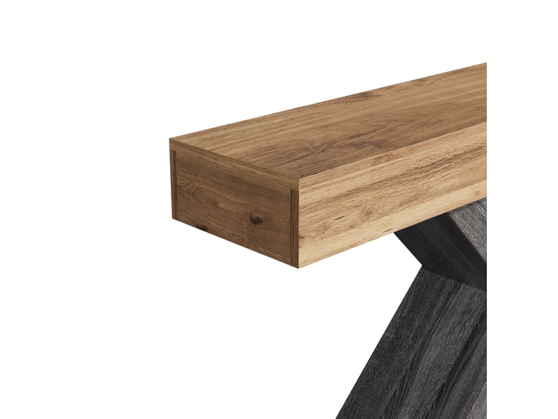  Table console 140 x 30 x 80 cm avec support croisé en x, décor bois naturel et gris, panneau de particules  - Conforama E