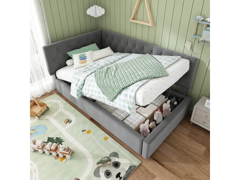  Lit banquette 90x200cm avec coffre et sommier relevable, velours, gris  - Conforama D