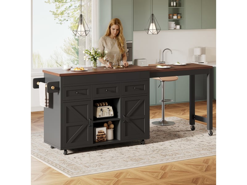  Îlot de cuisine table bar 131-210cm - pivotant 360° - tiroirs - placards - noir Bubbly Shop - Conforama B