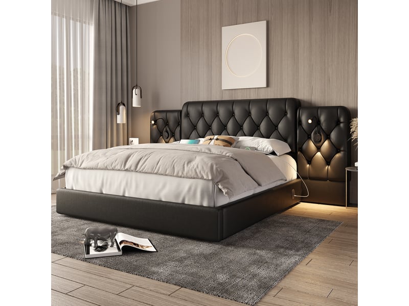  Lit coffre 160 x 200 cm,cadre de lit, velours, plusieurs ports usb, lampe de bureau, système hydraulique, noir  - Conforama C
