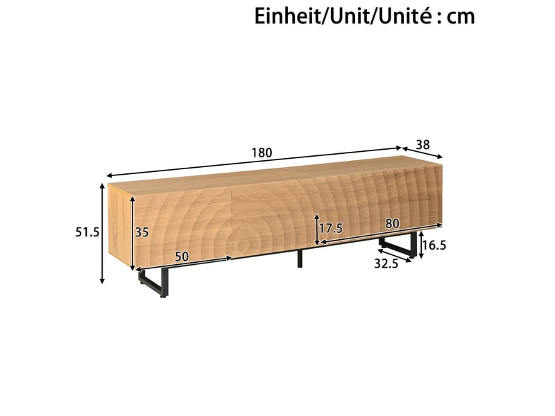  Meuble tv 180x38x51.5 cm, 2 portes et 2 tiroirs, en panneaux de particules coloris naturel  - Conforama E