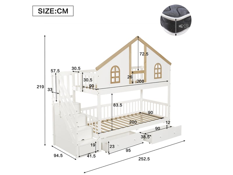  Lit superposé enfant 90x200 cm blanc et coloris bois naturel avec escalier de rangement  - Conforama C