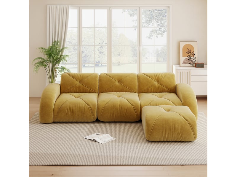 Canapé d’angle modulaire 3 places en chenille jaune avec repose-pieds - Conforama D