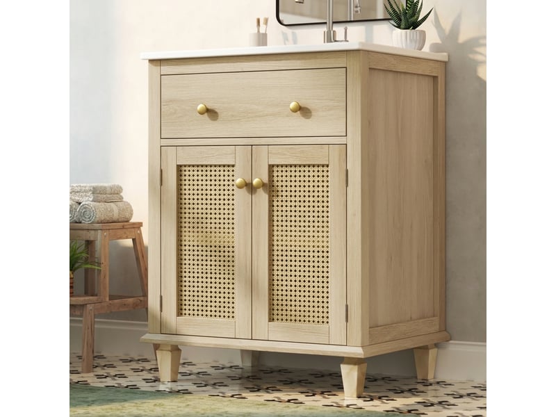  Meuble sous vasque avec tiroir basculant, 2 portes en rotin et étagères réglables, salle de bain, 61×47×87 cm  - Conforama C