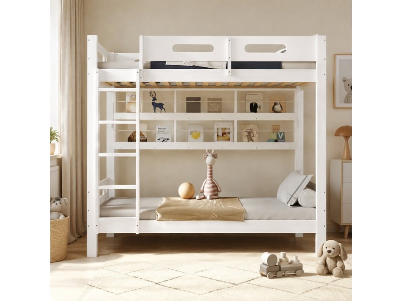  Lit superposé enfant 90x200 cm avec étagères et échelle 5 marches, blanc  - Conforama B