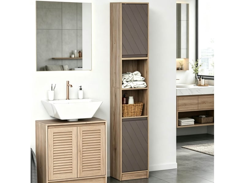  Armoire de salle de bain étroite avec 2 portes, 2 niches et étagères réglables, gris et chêne, 30 × 24 × 170 cm  - Conforama C
