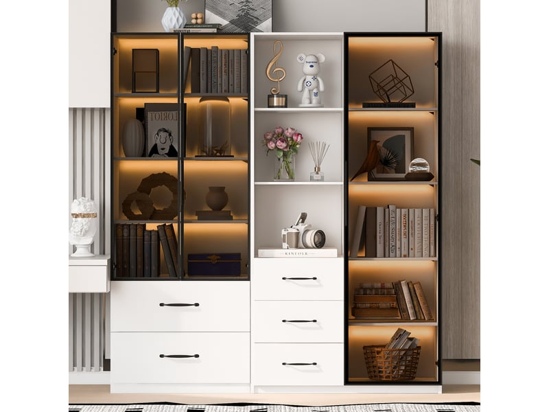  Vitrine led blanche 140x40x160 cm, bibliothèque avec portes en verre et tiroirs, éclairage multicolore, meuble de rangement  - Conforama D
