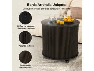 Table de chevet ronde pivotante avec station de charge intégrée, 2 niveaux de rangement et roulettes freinables