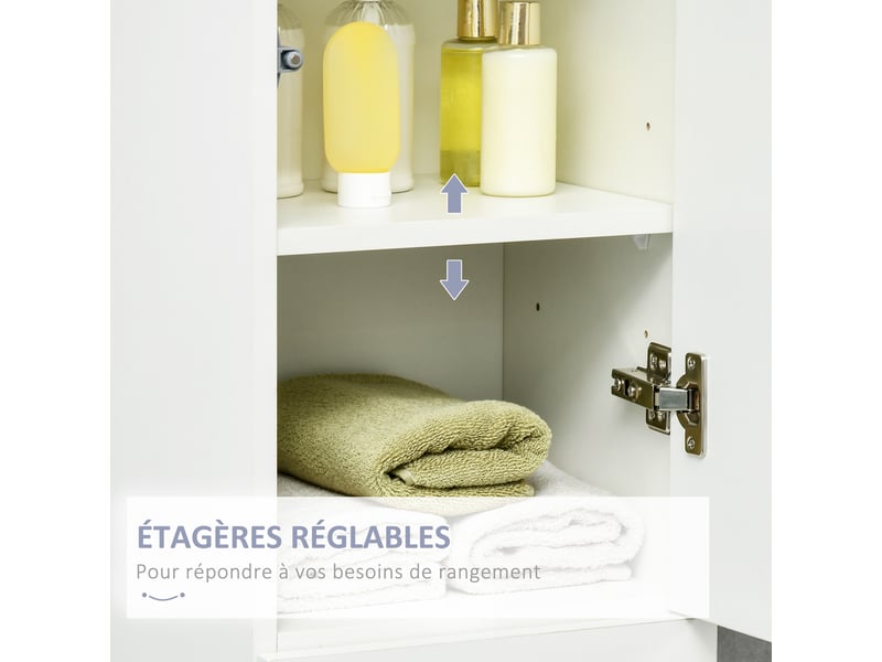 Meuble colonne rangement salle de bain style contemporain 2 placards 3 étagères et 1 tiroir coulissant panneaux particules brillant dim. 30l x 28p x 170h cm blanc laqué - Conforama W