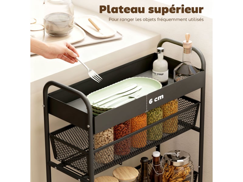  Chariot de rangement à 4 niveaux, desserte à roulettes, panier supérieur 19 x 43,2 x 80 cm noir, 3 paniers coulissants  - Conforama E
