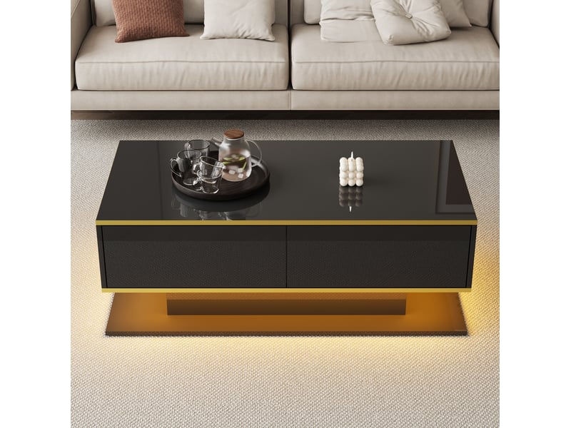  Table basse moderne 100x50x40 cm avec led, 3 tiroirs, finition brillante, pour salon, panneau de particules, noir et or  - Conforama B