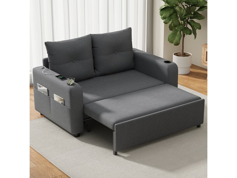  Canapé lit convertible 3 en 1, tissu gris aspect lin 2 places, canapé dépliant avec porte-gobelets et ports usb pour salon, 131cm  - Conforama B