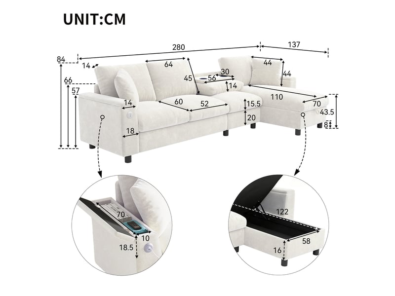 Canapé d'angle convertible réversible 4 places en chenille beige avec rangement - Conforama C