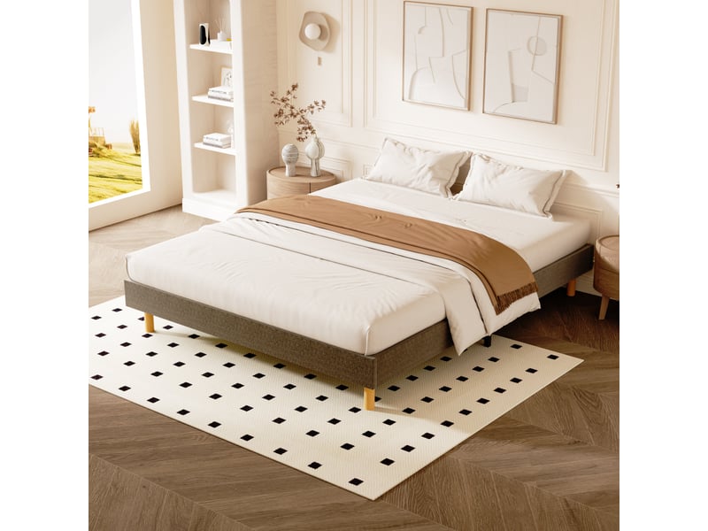 Cadre de lit rembourré marron 140 x 190 cm, 14 lattes, 9 pieds, hauteur 29 cm  - Conforama C