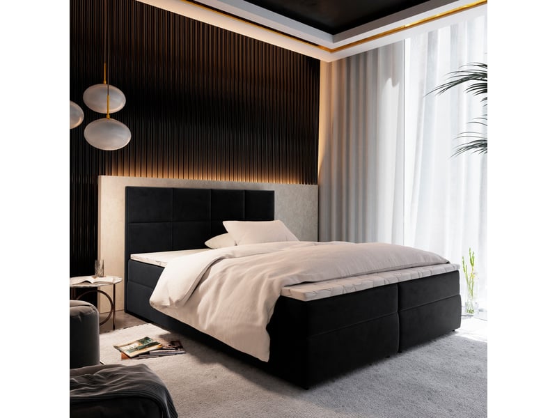 Boxspring lena 200x200 cm, lit complet avec matelas, noir - Conforama B