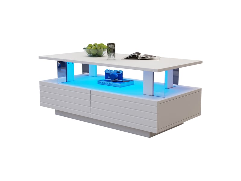  Table basse led blanche avec rangement, table de salon rectangulaire 100x50 cm, contrôle bluetooth  - Conforama A
