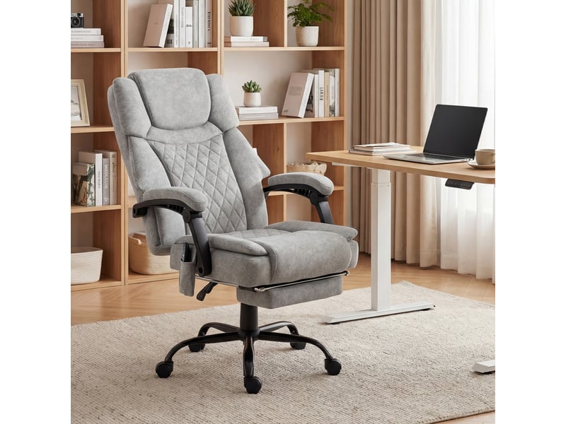  Fauteuil de bureau massant à dossier haut avec fonction vibration et chauffage, dossier réglable, repose-pieds, télécommande, gris  - Conforama C
