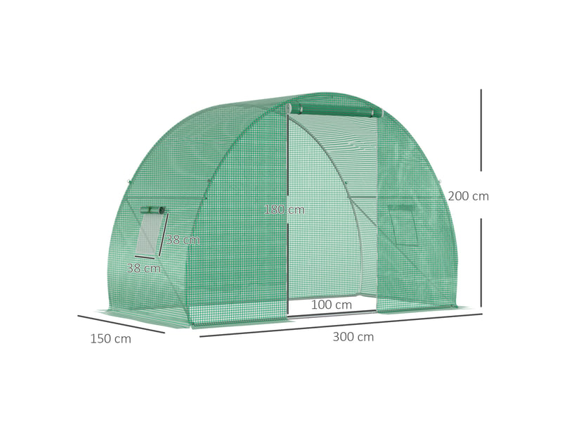  Serre tunnel avec porte et fenêtres enroulables, couverture en pe et structure en acier, 1,5 x 3 x 2 m, verte  - Conforama E