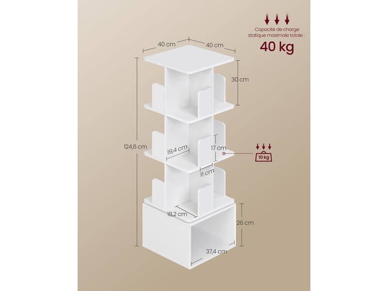  Bibliothèque rotative à 4 niveaux design moderne pour salon bureau 40 x 40 x 124,6 cm en aggloméré blanc 12_0012124  - Conforama B