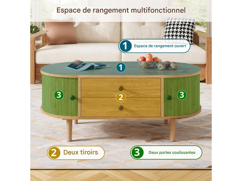  Table basse ovale avec portes coulissantes et 2 tiroirs en mdf chêne 100x50x40 cm - pangivo  - Conforama E