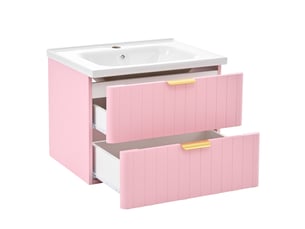 Meuble de salle de bain suspendu rose avec vasque. Meuble sous lavabo 60 cm avec rangement, structure mdf et céramique, rose et blanc.