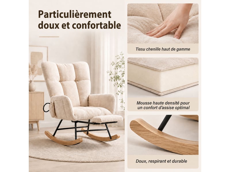 Chaise à bascule ergonomique en tissu chenille beige avec repose‑pieds rétractable, poche de rangement, structure métal et bois massif, charge 120 kg - Conforama C