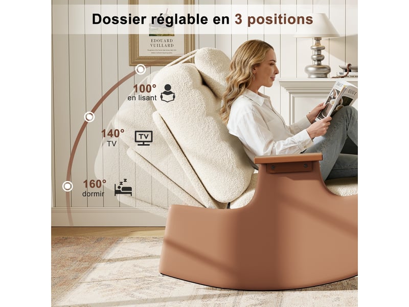  Fauteuil à bascule en laine d'agneau avec repose-pieds - 81.5 x 51.5 x 81 cm-beige - chaise berçante ergonomique avec dossier réglable  - Conforama E