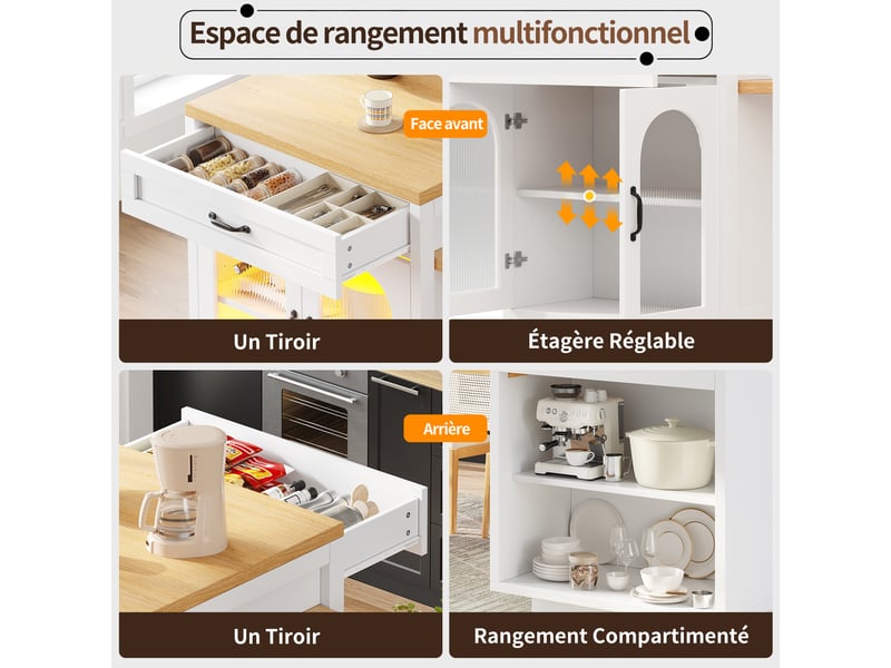  Îlot de cuisine extensible,avec éclairage led rgb télécommande &amp; minuterie,avec plan de travail &amp; 2 tiroirs &amp; porte,blanc  - Conforama C