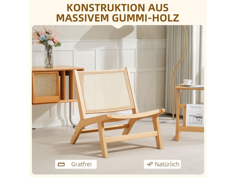 Fauteuil d'accent 64x70x74cm – chaise lounge individuelle sans accoudoir avec assise et dossier en cannage rattan – bois massif - naturel  - Conforama E
