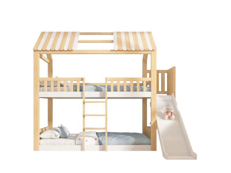  Modenvie lit superposé cabane enfant 90x200 cm - avec étagère et toboggan, sans matelas - bicolore  - Conforama A