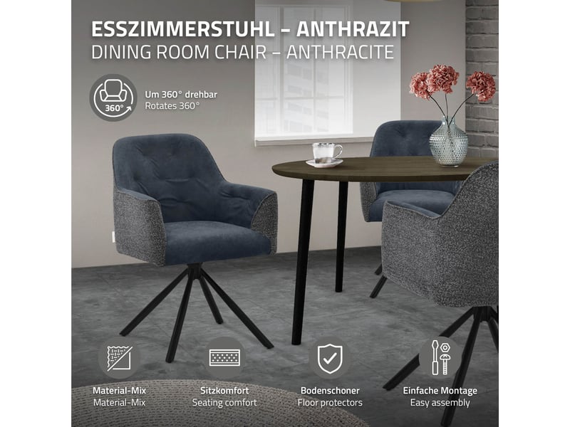  Ml-design lot de 2 chaises de salle à manger cuisine, pivotantes à 360°, en tissu tissé et simili, avec accoudoirs et dossier, cadre en acier, pieds réglables, rembourrage confortable, anthracite ECD Germany GmbH - Conforama B