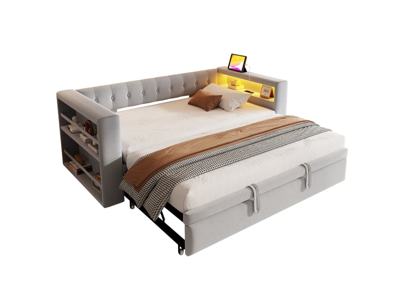  Lit gigogne 90180x190 cm avec led, prises et rangement mdf gris clair sans matelas  - Conforama A