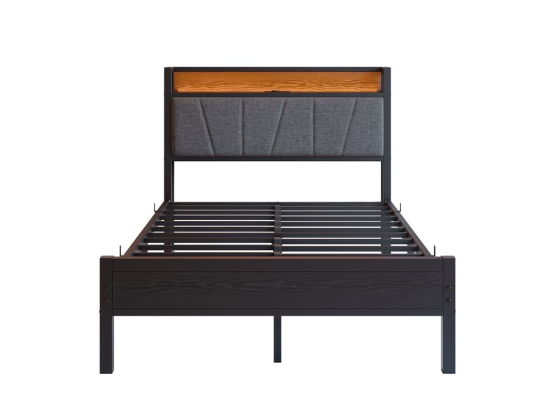  Lit jeune 120x200 cm tête haute, prise secteur, ports usb, éclairage avec éclairage led, rangement tête de lit, mdf métal, noir sans matelas  - Conforama A