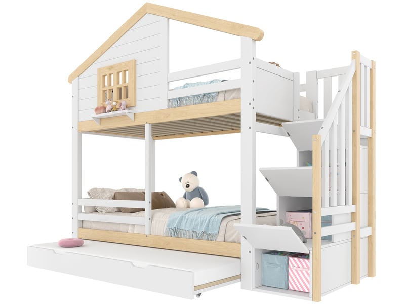 Lit superposé 90x200 cm avec lit gigogne, escalier de rangement et design maisonnette, blanc et naturel, sans matelas - Conforama A