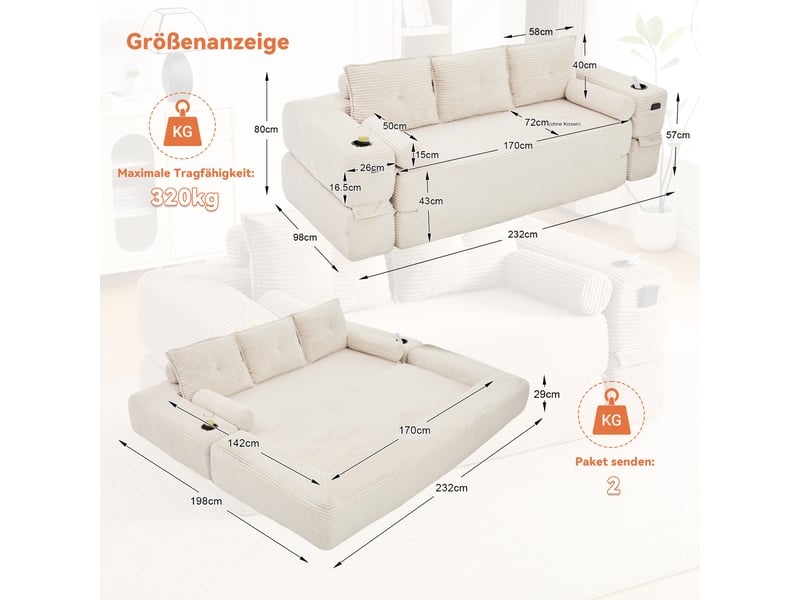  Canapé convertible 3 places en velours côtelé beige avec coffre et tiroir intégré pour salon  - Conforama C