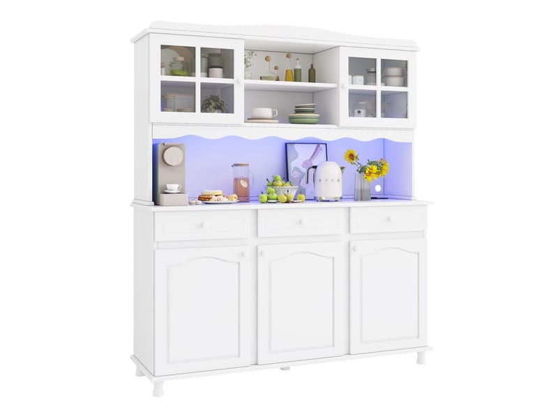Buffet haut de salle à manger 135x40x185cm avec rangements multiniveaux, prise électrique, ports usb-ausb-c et bande led multicolore, blanc evarich - Conforama A