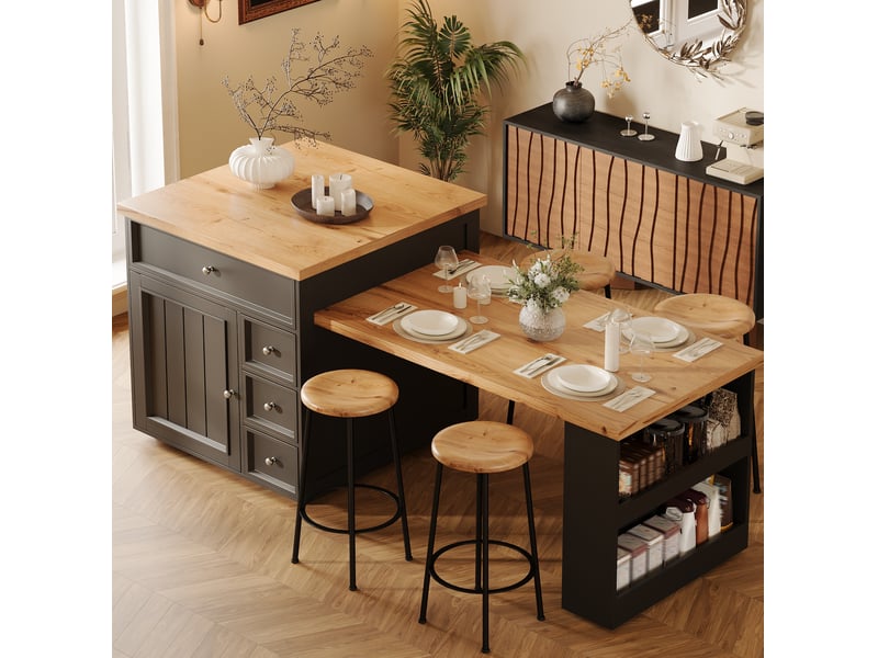  Îlot de cuisine extensible 120 à 184 cm sur roulettes avec 5 tiroirs, noir  - Conforama B